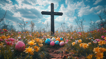 Wooden cross symbol in a blue sky with Easter eggs scattered in the field evokes religious faith and the holy Easter light