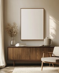 minimalist interior mock up poster frame in Scandinavian style living room with mid-century modern sideboard and blank canvas