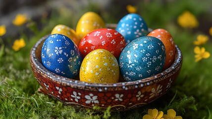 Colorful painted easter eggs in a basket symbolize the spring holiday celebration tradition