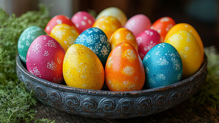 Colorful painted easter eggs, a traditional spring holiday food, fill a basket