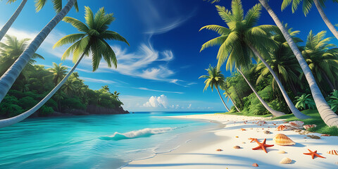 Tropical Beach with Palm Trees Crystal Clear Water White Sand and Seashells on Shore
