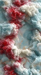 Soft mineral formations in creamy red, white, and pastel blue hues with subtle gold accents symbolizing Bastille Day in an elegant and abstract natural texture, ideal for vertical phone wallpapers