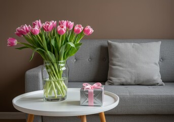Fototapeta premium A cozy living room with a white round table featuring pink tulips and a silver gift box against a warm-toned wall with a grey sofa