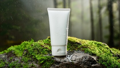 a close-up of a plain tube of cosmetic product sitting atop a moss-covered rock, with a blurred forest background