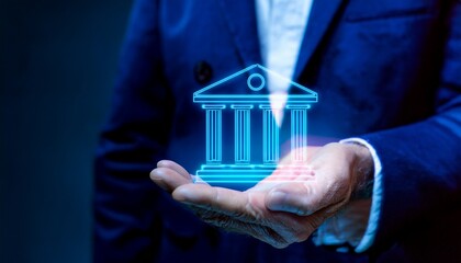 a businessman holding a digital bank in his hand, symbolizing financial stability and the future of banking
