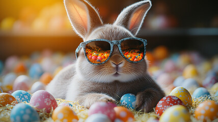 A cute spring holiday decoration shows a pink Easter bunny rabbit with colorful eggs in a basket