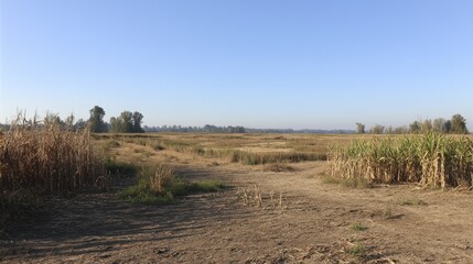 Fototapeta premium Sunlit field of harvested grain showing empty stalks and scattered husks - sunlight grain hour