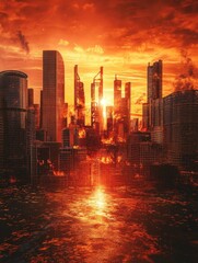 Inferno city skyline.  Fiery sunset over a devastated metropolis