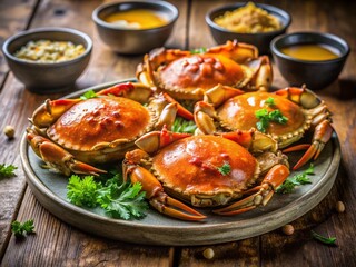 Close-up of Cooked Hairy Crabs with Rich Crab Cream on Table - Gourmet Seafood Dish