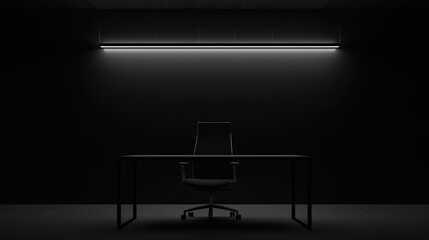 Minimalist black office with modern chair and sleek desk, embodying simplicity and elegance in design.
