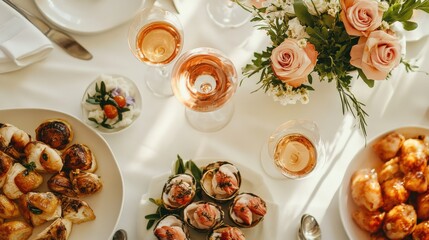 Elegant dining table set with assorted gourmet dishes and floral centerpiece in a bright setting