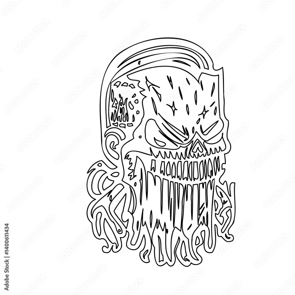 Poster line drawing of a skull with an abstract design