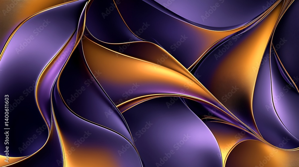 Poster abstract waves of purple and gold fabric creating a dynamic visual flow with smooth curves and soft 