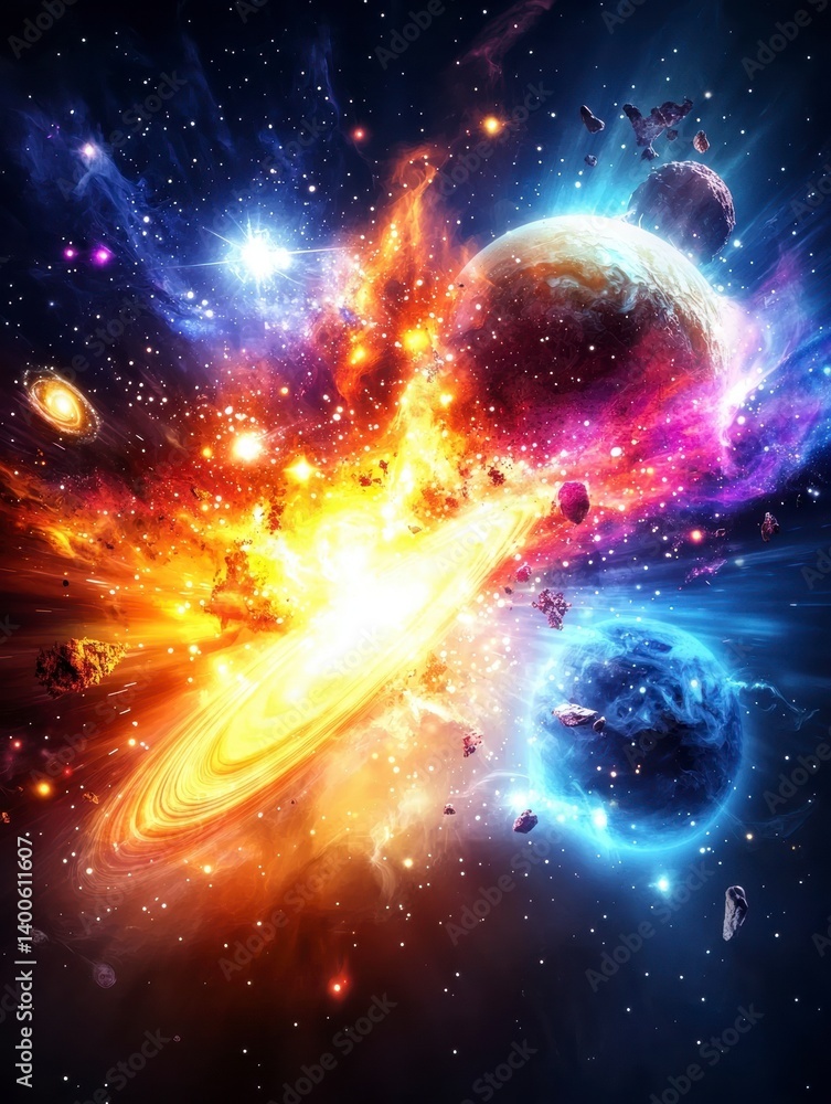 Poster galactic explosion event colorful cosmic phenomenon in space digital art vibrant universe abstract v