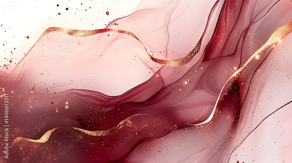 Poster a mesmerizing abstract artwork featuring flowing waves of deep reds and soft pinks with intricate go