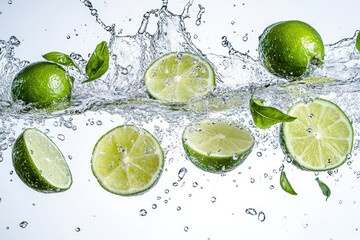 Limes and splashing water on white background 