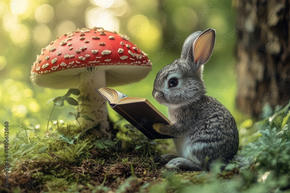 Aufkleber gentle bunny engages in calm storytelling while reading a book under a vibrant mushroom in a serene 