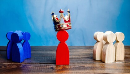 a figure with a crown stands as a leader, flanked by groups of people, symbolizing leadership and authority