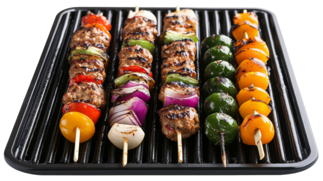 Grilling meat and vegetable skewers on a griddle pan with transparent background