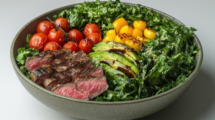 Hearty salad with grilled steak, avocado, and colorful vegetables