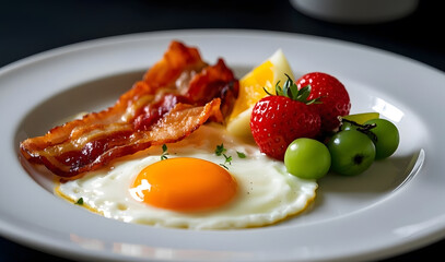 A breakfast on white plate​ with an egg fruit and bacon in luxury hotel.