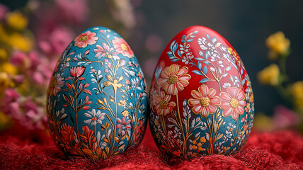 Colorful painted Easter eggs, a traditional spring holiday decoration on a green background, symbolize the season's celebration