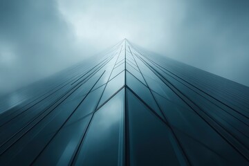 Modern skyscraper, glass facade, angled view