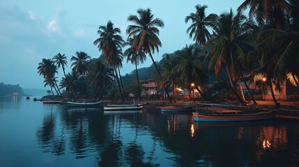 Traditional South Indian coastal village at dusk, with boats docked and coconut trees swaying