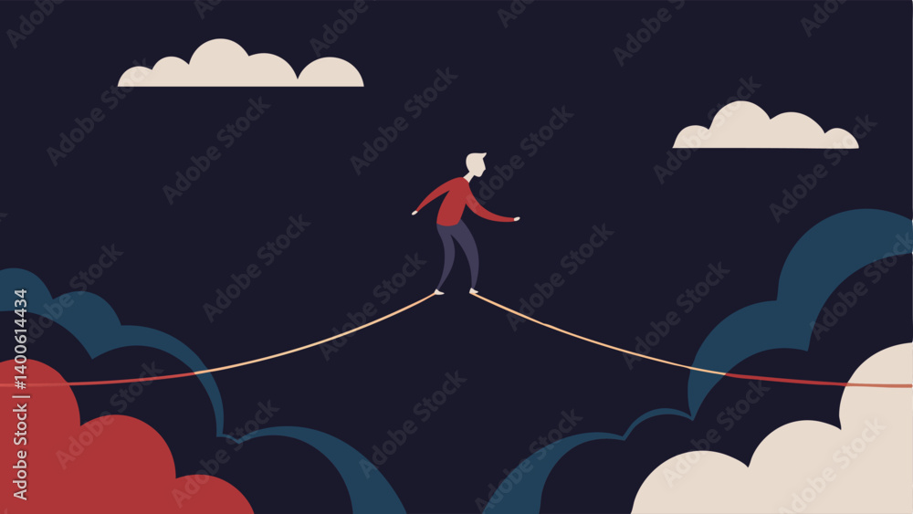 Poster balancing act an illustration of a tightrope walker navigating a thin line over a deep abyss with cl