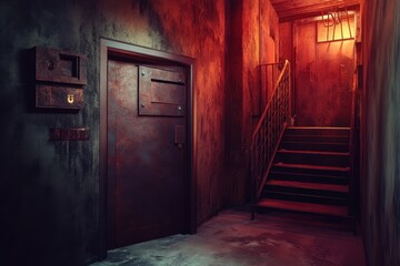 Obraz premium Dark, eerie stairway leading to a door in an abandoned building