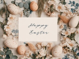 Banner with Frame "Happy Easter" decorated with flowers, sprigs of willow and Easter eggs, AI generated