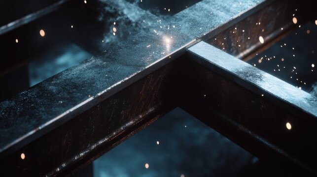 Construction worker welding steel beams together. Featuring precision and safety