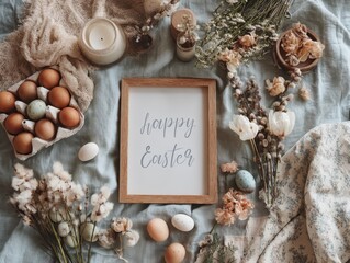 Banner with Frame "Happy Easter" decorated with flowers, sprigs of willow and Easter eggs, AI generated