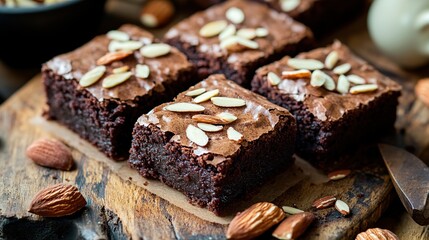 Chocolate brownies with a dense fudge center, topped with crunchy almond nuts