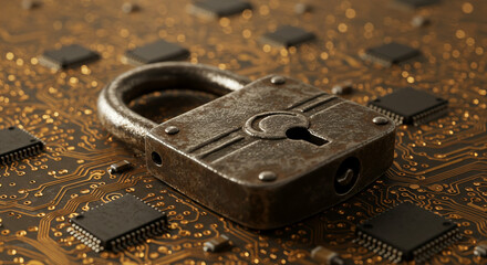 Rusty Padlock on Circuit Board Cybersecurity Data Protection and Digital Security Concept