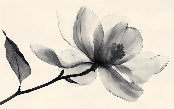 Minimalist hand-painted floral ink design on smooth canvas, single magnolia blossom in monochrome black ink, clean negative space, soft ambient lighting, flat lay perspective