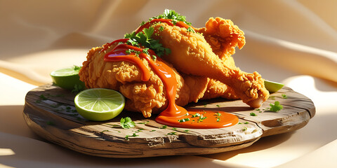 Crispy Fried Chicken Legs with Hot Sauce and Ketchup Garnished with Lime Slices