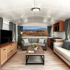 High-quality photos of well-designed and neatly arranged mobile homes: perfect HD content for professional websites, catalogs, social media, or tourism and hospitality projects.