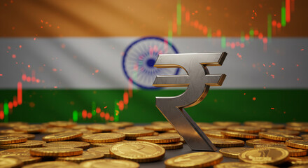 Indian Rupee Currency Symbol Stock Market Financial Growth Gold Coins India Flag