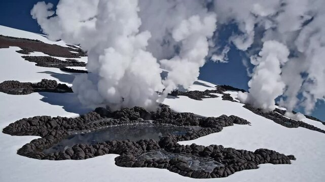 A geothermal landscape featuring fumaroles emitting steam, surrounded by rocky formations and patches of snow.