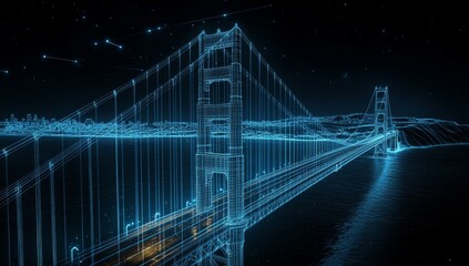 Digital representation of a iconic bridge at night.  A futuristic, wireframe design showcases the bridge's structure against a backdrop of a city and starry night sky