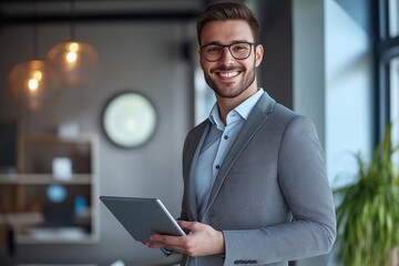 Fototapeta premium A professional man in a gray suit, blue shirt, and glasses smiles, holding a tablet in office.
