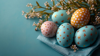 Colorful Easter eggs in a nest are a festive spring holiday decoration