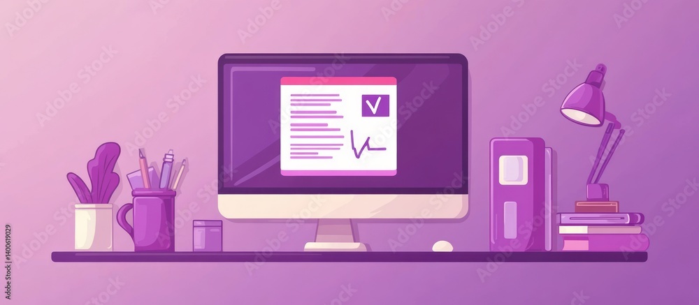 Poster stylized workstation with a digital document and signature on a shelf with plants