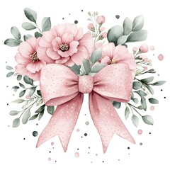 Delicate watercolor floral bouquet with pink bow