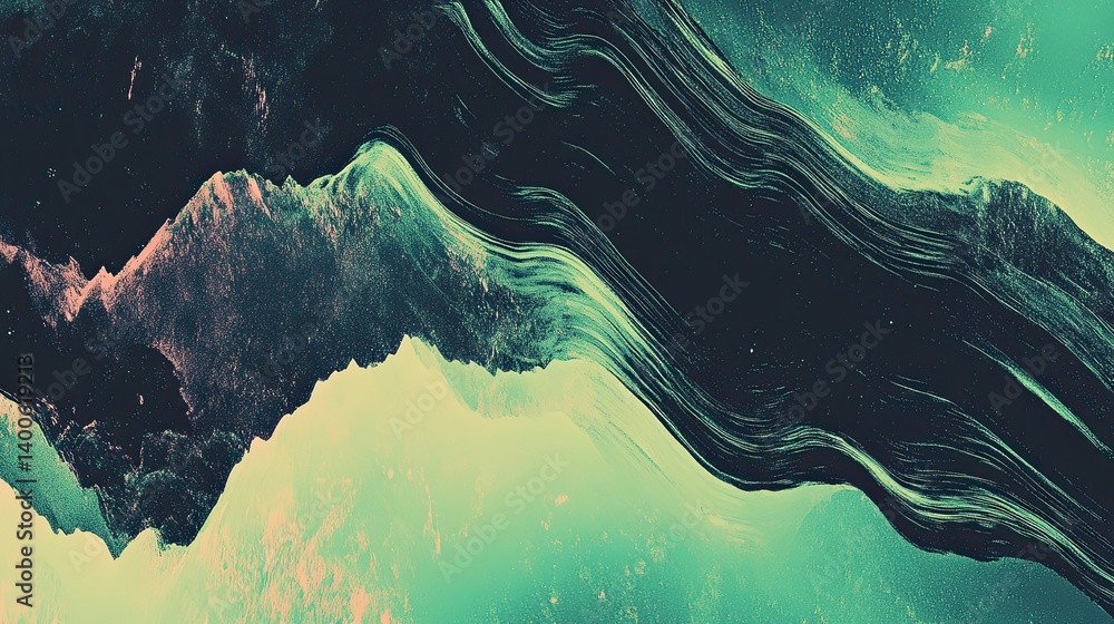 Poster mystical mountain range with sweeping brushstrokes of color and texture