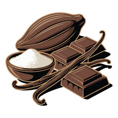 Cocoa beans, chocolate bars, sugar, and vanilla pods isolated on white background
