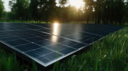 Solar panels installed in a grassy field, bathed in sunlight, surrounded by trees