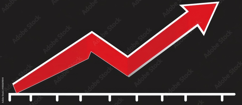 Poster ascending red arrow on axis representing business growth and progress