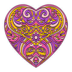 Vector colored heart with valentines decorative elements. Patterned Design Element, Coloring book. Vector illustration.